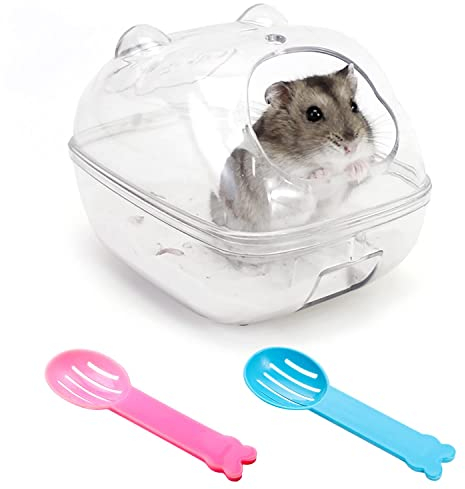 RZMZBY Hamster Bad Waschraum, Sandbad Mit 2 Schaufel, Kleintier Badewanne Sauna Toilette Box, Clear Cute Kunststoff Haustier Container für Gerbil und Kleintiere