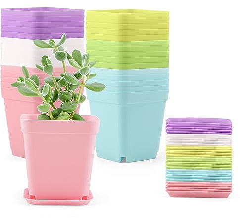MUKCHAP 30 st fyrkantiga växtkrukor i plast, 7 cm färgglada blomkrukor med brickor för växter, plantor, skärningar
