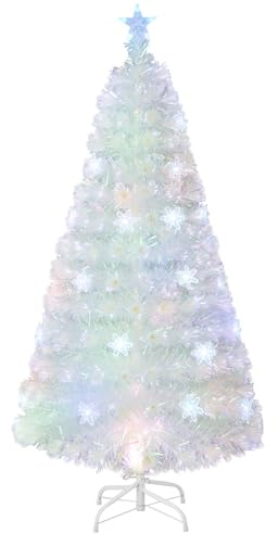 COSTWAY Albero di Natale Pre-illuminato in Fibra Ottica 120/150/180/210 cm, Albero di Natale Bianco con Foglie Iridescenti, Luci a LED a Fiocco di Neve Multicolore, Luce Superiore a Stella (120 CM)