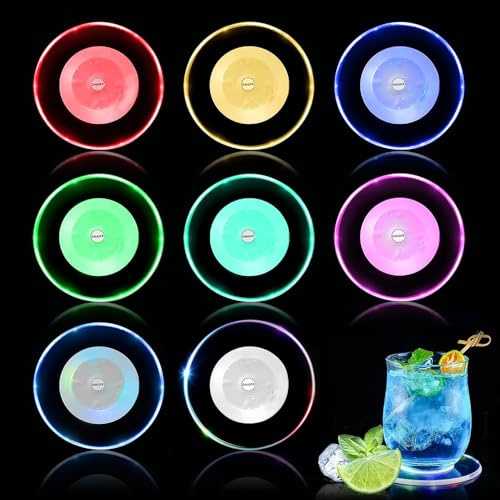 yotutun Bunt LED Untersetzer, Acryl Rund wasserdichte Leuchtende Untersetzer mit 3 Lichtmodi ON/Off Taste Gläser Untersetzer Set Getränke Untersetzer für Partys Hochzeiten Bar Weihnachten (8 Stück)