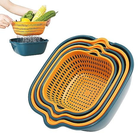 Seiher Sieb Küche, Doppelschicht Abtropfsieb Nudelsieb Set, Küchensieb Abwaschschüssel von Nudeln, Obst, Gemüse, Blau Gelb, 3 Größe (25+21+18cm)