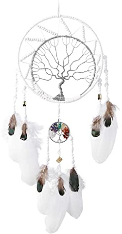 7 Chakren Baum des Lebens Traumfänger Wanddekoration mit Regenbogen Heilung Kristall Stein Handmade White Feather Dream Catcher Wand hängende Ornamente für Schlafzimmer Decor Segen Geschenk Hochzeit