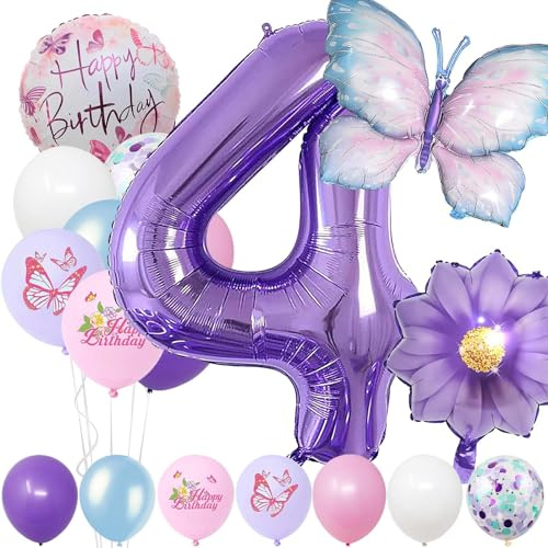4 Jahre Set - Zahl Folienballon，22 Stück Blau Lila Geburtstagsdeko，Schmetterling Blumen Ballon，Kindergeburtstag Party Deko Zahl 4 Luftballon für Mädchen Jungen Geburtstags Festival Party Dekoration