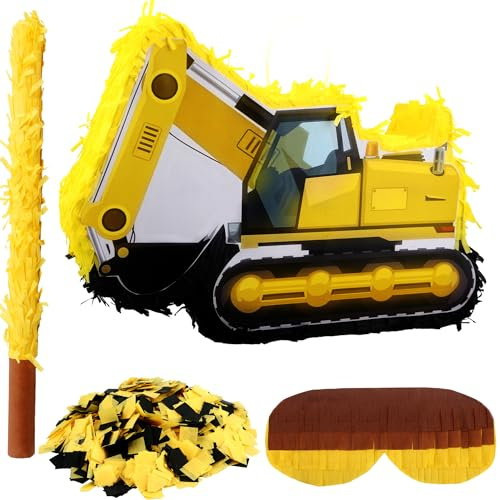 Sonarun Pignatta con camion con cassone ribaltabile e escavatore con benda, coriandoli a pipistrello per bambini, camion da costruzione, forniture per feste di compleanno (camion da costruzione stile