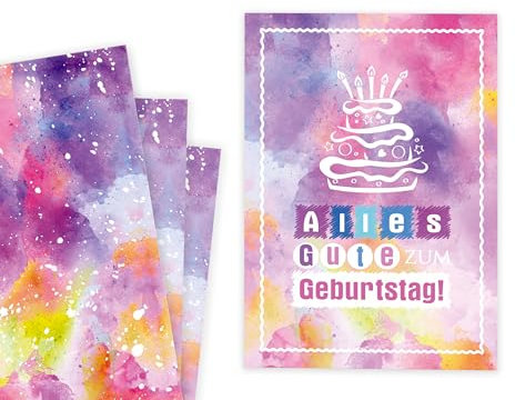 Set XXL A4 Glückwunschkarte zum Geburtstag mit 6 Geschenkpapier-Bögen (A3-Format) Aquarell Geburtstagskarte Grußkarte Happy Birthday Mädchen Mädels Elegant große Klappkarte