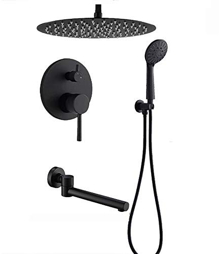 YOtat Doccia Set Rubinetto Doccia Nero con Beccuccio Vasca, Set Doccia Combinato in Ottone Miscelatore Doccia A Soffitto con Soffione da 10 Pollici, Doccetta A 3 modalità, Scatola da Incasso