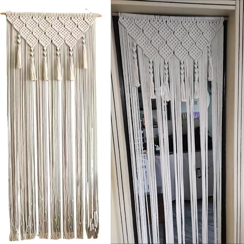 NIYATA Tapiz bohemio grande – Beige Boho 65 x 200 cm, cortina de hilos para puerta, ventana de macramé