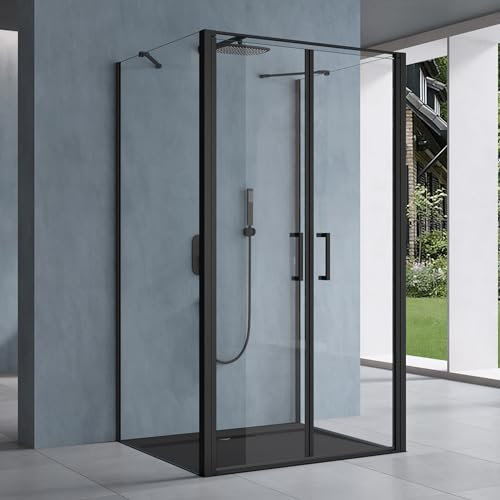 doporro Duschkabine U-Form 100x100x100cm Duschabtrennung in schwarz zwei Drehtüren inkl. Duschtasse ESG-Sicherheitsglas Klarglas mit Nano-Beschichtung Ravenna66UK