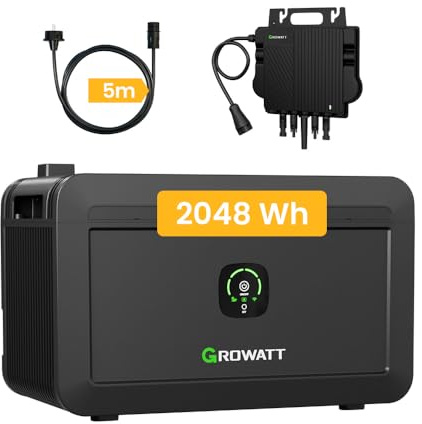 Balkonkraftwerk Speicher Growatt NOAH 2000 Speicher 2048Wh mit1800W PV-Eingangsleistung IP66 und Growatt NEO-800M-X 800W Mikro-Wechselrichter für Balkonkraftwerk (NOAH 2000 * 1+NEO800W+5m Kabel)