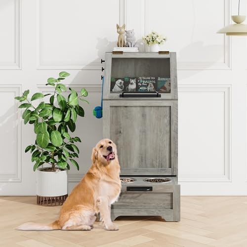 STMHOM Dog Feeding Station with 2 Elevated Dog Bowls, Pet Feeding Station,Flip Top Pet Food Cabinet,Pet Food Container,Pet Toy Storage Organizer,Modern Storage Organizer,Grey