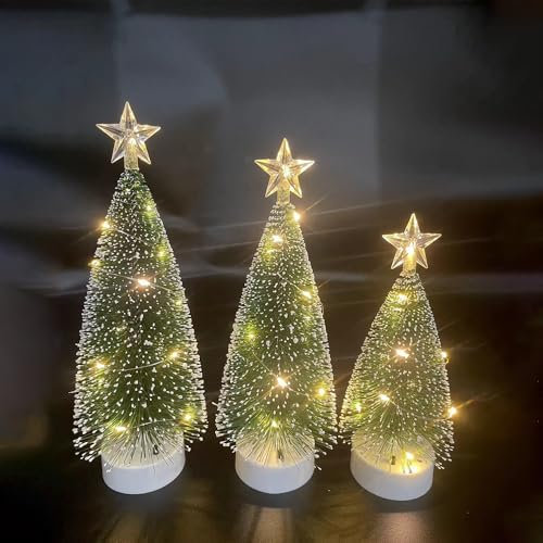 XMAS Mini Christmas Trees,3Pcs Tabletop Christmas Decorations Tree with LED Lights, Artificial Bottle Brush Desktop Small Pine Trees for Indoor Home Decor Holiday Party Gifts- Warm White