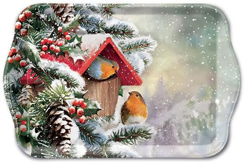 Ambiente kleines Tablett Serviertablett Dekotablett Melamin 13x21 cm Rotkehlchen Vögel in Winterlandschaft Winter Weihnachten Serie House with Robins