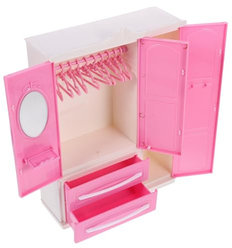 1 Set Miniature Doll Closet Wardrobe Clothing Organizer with 10 Pieces Plastic Doll Hangers,Dollhouse Open Wardrobe Storage Dollhouse Furniture Accessories Pink
