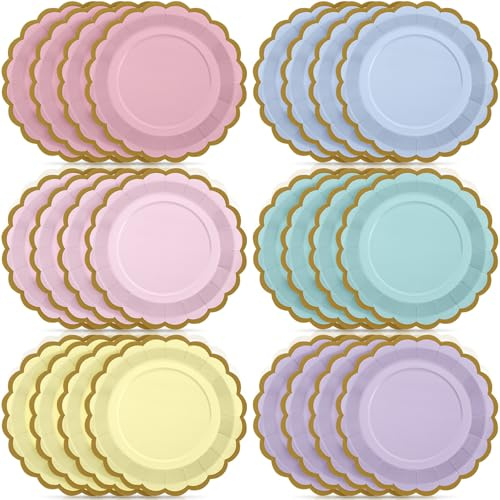Tiangrid 48 Pcs Pastel Rainbow Paper Plates 9 Inch Gradient Color Scalloped Paper Disposable Dinner Dessert Plates for Easter Birthday Wedding Bridal Party Supplies, 6 Colors
