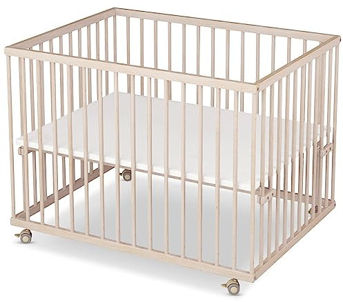 Sämann Laufstall Baby mit Matratze Cloud Air | TÜV geprüft | stufenlos höhenverstellbar | Laufgitter Premium | Babybett aus Holz | Krabbelgitter (natur, 75x100 cm)