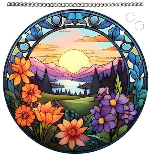 Målat glas fönsterhängande, 18 x 18 cm solnedgång akryl solfångare, lätt hängande dekorativt målat glas för vänner, familj och kvinnor solfångare inomhus fönster målat glas solfångare