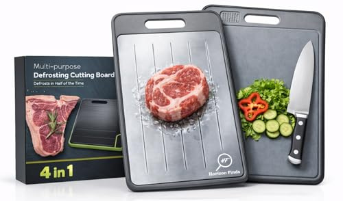 Tabla Descongelar Alimentos Rápida 4 en 1 – Lado de Aluminio Térmico y Lado de Corte PP Antibacteriana, Tamaño Grande 36cm, con Afilador y Prensa Ajos, Antideslizante (Gris)