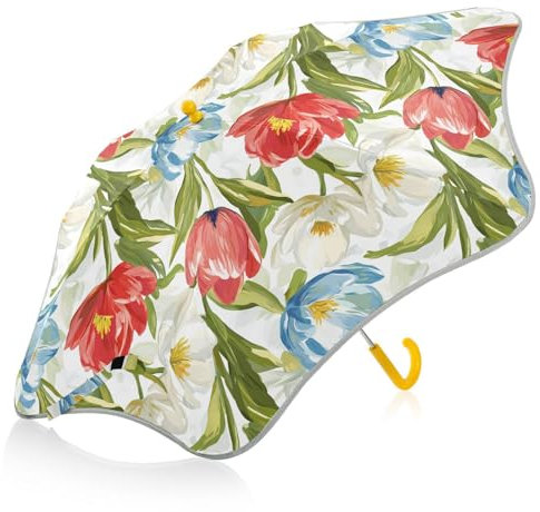 linqin Frühlingsblumen, weiß-rot, Kinder-Regenschirm, winddicht, Reiseregenschirm mit reflektierendem Streifen, Reiseschirme mit knicksicherem Verschluss, für Kinder und Mädchen