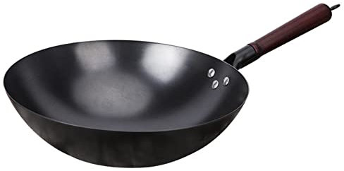 Wok di Ferro Martellata a Mano Cinese, Fondo in ghisa Non Rivestito di padelle e padelle di Padella con Coperchio in Legno, Senza Rivestimento, Meno Olio, pentola Antiaderente, 34 cm
