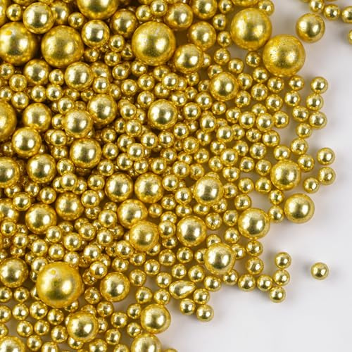 130g Edible Pearls for Cake Decorating, Gold Cake Sprinkles, Pearl Sprinkles, Edible Sugar Balls Mix for Cupcake Topper Baking Decorations On Baby Shower Birthday Wedding Christenings & Parties