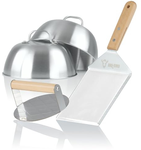 BBQ-Toro Edelstahl Smash Burger Set | 4-teilig | Set mit Burgerglocken, Smasher, Pfannenwender | Burger Smasher Set, Burger Grill Set | Edelstahl Burgermaker Set, Burgersmasher, Smashburger Set