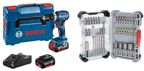 Bosch Professional 18V System Akku Schlagbohrschrauber GSB 18V-45 (inkl. 2x 3.0Ah Akku) + 35x Extra Hard Schrauberbit‑ und CYL-3 Bohrer-Set (197 x 110,5 mm)