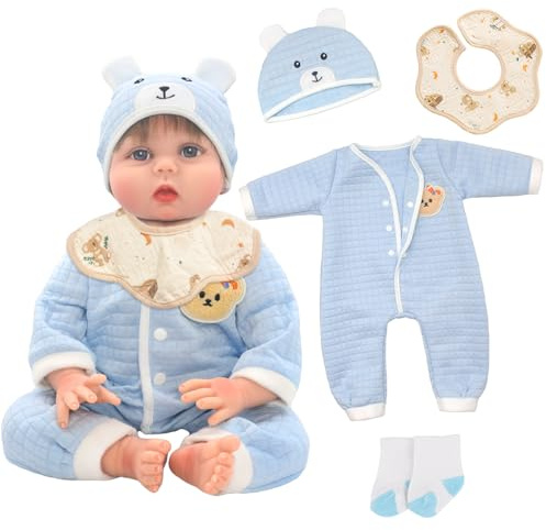 Vestiti per bambola Reborn da 45-56 cm, con grazioso orso blu, con pagliaccetto, bavaglino, cappello, calzini, per neonati, bambole, ragazze, regalo di compleanno