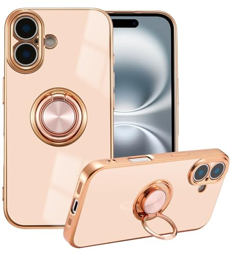 EYZUTAK Electroplated Magnetic Ring Holder Case for iPhone 17, 360 Degree Rotation Metal Anti-fall Finger Ring Kickstand Magnet Car Holder Slim Soft Silicone Shockproof Cover - Light Pink