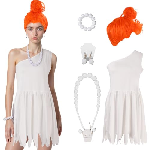 5PCS Adult Women Wilma Flintstone Costume Cave Cosplay Outfit with Wig Dress Necklace Fancy Halloween Dress Up (Small)