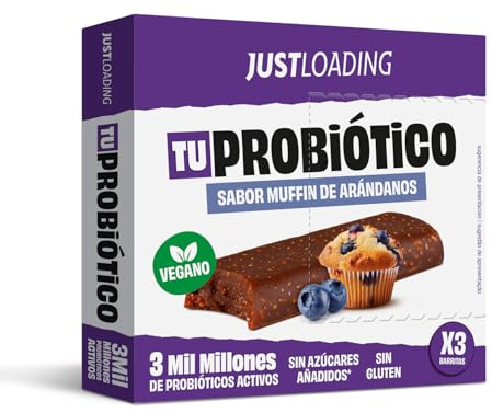 JustLoading Barrita con Probióticos Arándano | Sin Gluten·Lactosa | 12x35g | Con probióticos activos, equilibra flora intestinal. Energía sostenida sin pesadez. Proteína vegetal, fibra. Sin azúcares.