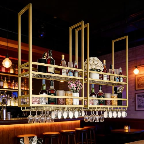 SPTZQURY Portabicchieri da Soffitto,portabottiglie da appendere in metallo, espositore da parete a 2 ripiani per vino, mensola decorativa da soffitto per bar, ristoranti, cucine (Gold, 160cm)