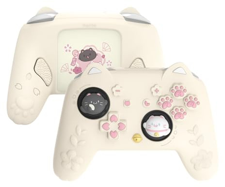 PlayVital for Nintendo Switch 2 Pro Controller Silicone Cover – Cherry Blossoms Kitten Cute Protective Skin Case for Switch 2 Pro Controller w/Back Button Cap & Thumb Grip & Sticker - Antique Yellow