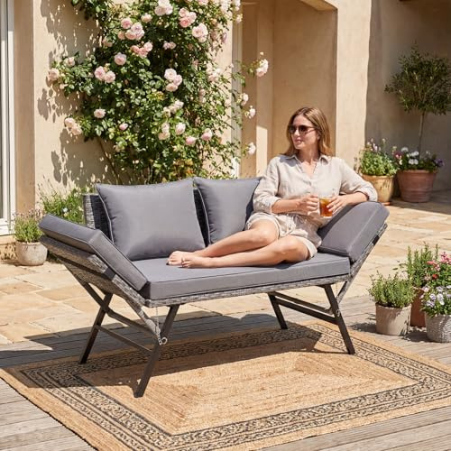 LIFERUN Gartenbank Polyrattan mit Liegefunktion, 2-Sitzer Polyrattan Möbel, Rattan Gartensofa mit Verstellbaren Armlehnen, Wetterfestes Balkonsofa, Terrasse (Kohlegrau),2 PCS Kissen