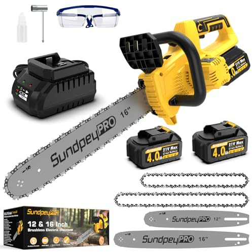 SundpeyPRO 12 & 16 21V Brushless Electric Chainsaw Cordless with 2 Chains | 2×4.0Ah Batteries & Charger, Tool-Free Tensioner, Oil Output Control Switch, 5 Safety Features, for Wood Tree Cutting Pruning