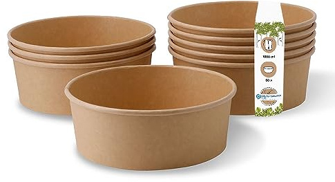 BIOZOYG Einweg Salatschale Bio Einweggeschirr Suppen-Schale braun rund 1000 ml I Kompostierbare Schalen Kraftkarton Verpackung mit PLA Innenbeschichtung I 50 Einweg-Schalen To Go Becher Salat