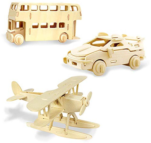 Georgie Porgy Woodcraft Construction Kits 3D Wooden Puzzle Jigsaw Wooden Model Kits for Kids Toy Age 5+ Pack of 3 (Seaplane Cars London Bus)