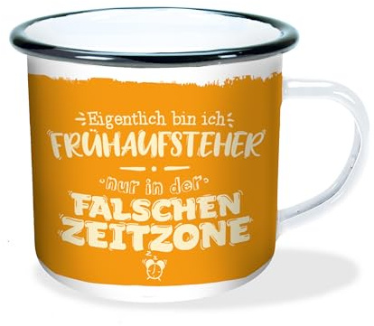 Emaille-Becher Falsche Zeitzone 300ml: in Geschenkverpackung! Bruchsicher, auch für Camping und Picknick (Geschirr)