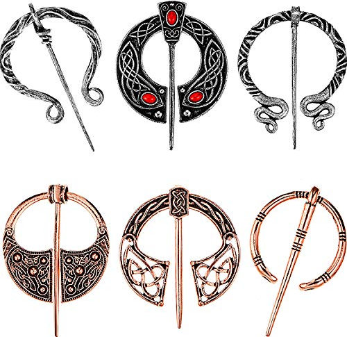 6 Stücke Vintage Wikinger Broschen Pins Schal Mantel Schal Schnalle Spange Pin Brosche für Männer Frauen Kostümzubehör, Antik Silber und Rotgold