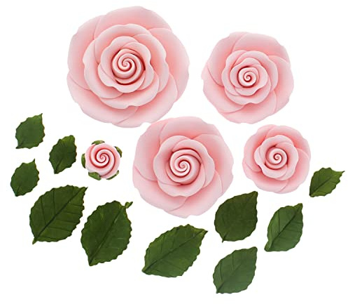 Global Sugar Art Edible Exquisite Rose & Leaf Tray Sugar Cake Flowers, Pink Unwired, 5 Count by Chef Alan Tetreault