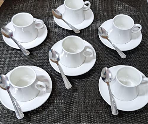 juego de 6 tazas de cafe con plato y ceramica blanco + 6 cucharillas d cafe de metal - juego moderno de cafe -Set de Regalo de Set de Café Tazas Para Espresso, Café Solo, Cortado