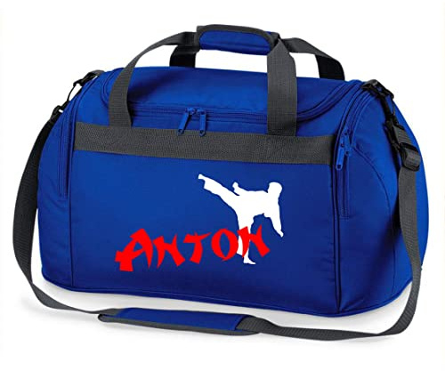 Sporttasche Karate mit Namen für Jungen | Personalisierte Kinder-Reisetasche Kampfsport Judo | Groß für Sport-Verein (Royalblau)