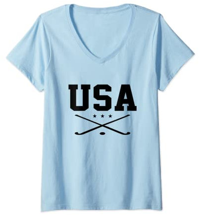 Damen Hockeyschläger, Hockeyschläger, Grafik, USA, Hockey T-Shirt mit V-Ausschnitt