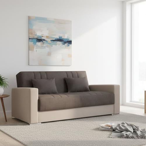 Dmora - Divano Letto 3 posti Sergio, Divano Contenitore in Ecopelle e Tessuto, Sofà con Apertura Click-clack e 2 Cuscini, 230x96h101 cm, Beige e Grigio