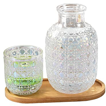 Juego de Jarra Y Vaso de Agua para Mesita de Noche Vintage, Jarra de Agua de Cristal para Mesita de Noche con Vaso de Vidrio, Jarra de Vidrio para Mesita de Noche de 14.8 Oz con Jarra de(multicolor)