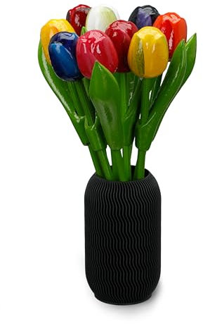 MomoMoments Ramo de tulipanes de madera, decoración de madera, 9 tulipanes de madera, incluye jarrón 3D de 21 cm, pintado a mano, ramo de flores decorativas