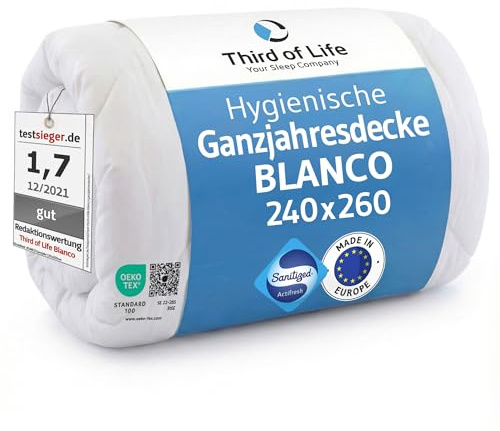Bettdecke 260x240, Extra große Ganzjahresdecke BLANCO mit Hygieneausrüstung | XXL Stepp-Decke für Allergiker, Feuchtigkeitsregulierende und atmungsaktive Schlafdecke, Blanket 260 x 240 cm für 2 Personen