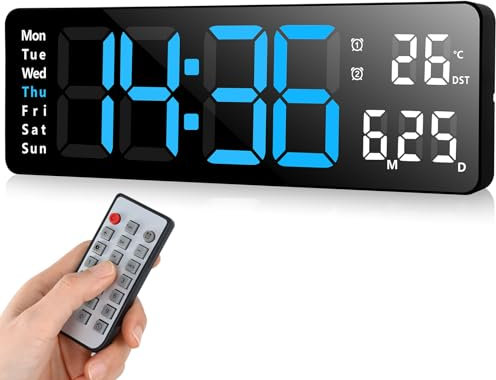 Fuloon Digital Wall Clock - 13 inch Large Display With Adjustable LED Brightness, Remote Control, Countdown Timer, Date, Week and Temperature (Plug in Electricity)