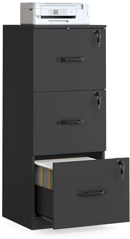 VASAGLE Cassettiera da Ufficio, Mobile per Documenti, Supporto Stampante, 3 Cassetti con Serratura, Barre Sospese Regolabili, per A4 e Lettera, Nero Inchiostro OFC055B16