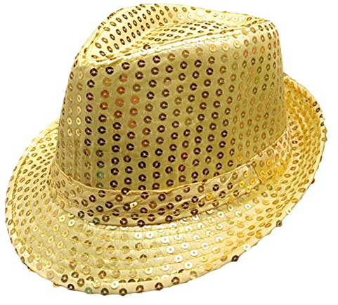 Pailletten Fedora Hut Damen Herren Glitzer Trilby Hut Fasching Karneval Halloween Disco Kostüm Hut Partyhut für Erwachsene (Gold, One size)