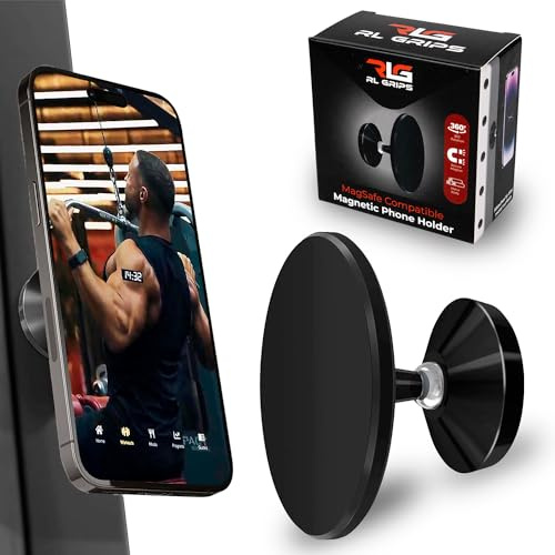 RL Grips - Gym Magnetic Holder for Large and Small Mobile Phones - Ideal Gym Magnet for iPhone with 360º Rotation - Phone Holder for Car and Gym Machines with 3 Metal Stickers